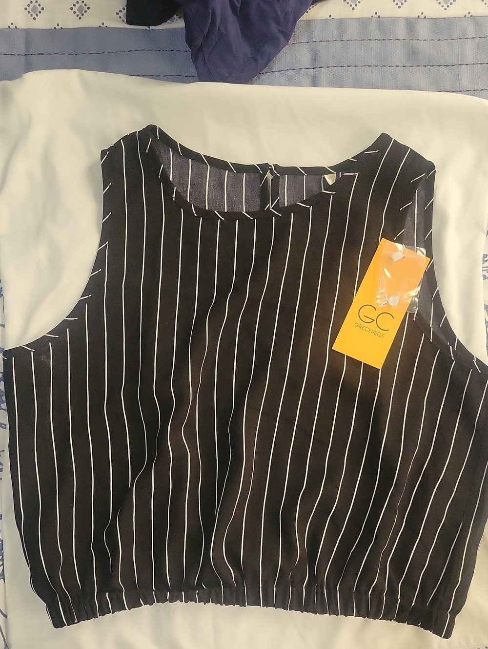 GRECERELLE Black and White Pinstripe Sleeveless Cropped Top